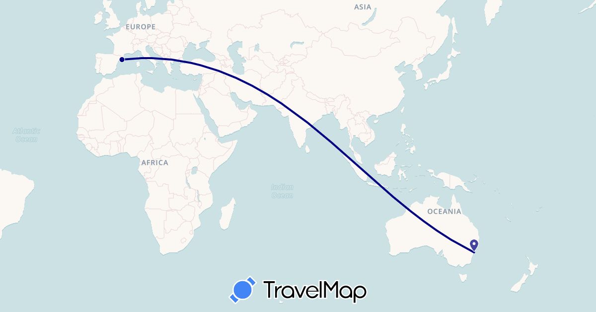 TravelMap itinerary: driving in Australia, Spain (Europe, Oceania)
